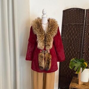 Women's Vintage Real Fur Y2k Red Coat Luxury Women's Jacket Size 2XL